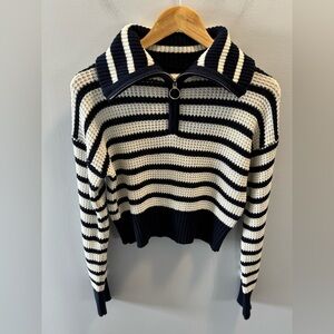 Sage + Stone Half Zip Striped Sweater S Sailor Collar Cropped Navy White Marine